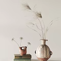 Two Different Sizes Ceramic Vases With Small White Flowers And Tall Grass On Light Background