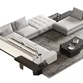 Modern Light Gray Sofa and Black Coffee Table Set with Area Rug 3d model