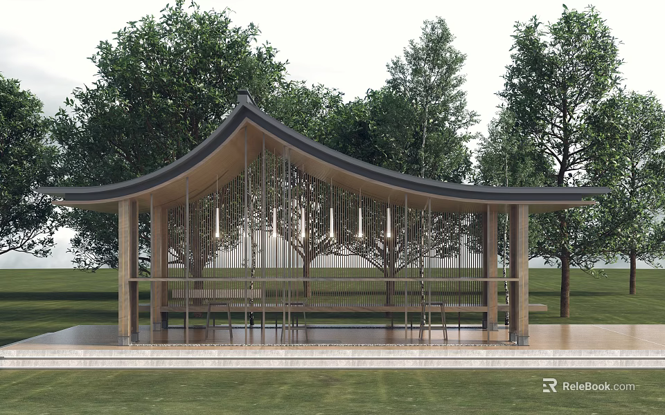 Modern Pergola Design with Wooden Benches Green Trees and Grass in Outdoor Garden 3d model 