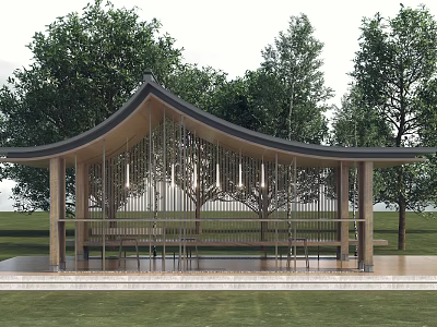 Modern Pergola Design with Wooden Benches Green Trees and Grass in Outdoor Garden 3d model