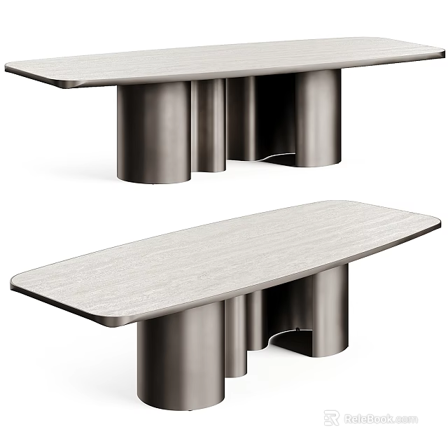 Modern Style Dining Table With Cylindrical Metal Base And Wood Grain Top Surface 3d model 