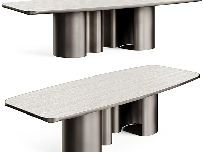 Modern Style Dining Table With Cylindrical Metal Base And Wood Grain Top Surface 3d model