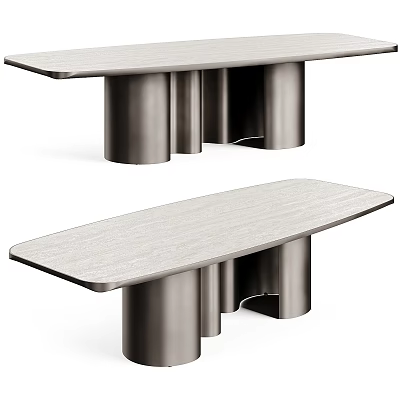 Modern Style Dining Table With Cylindrical Metal Base And Wood Grain Top Surface 3d model