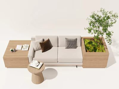Two Seater Sofa With Gray Brown Cushions Wooden Coffee Table And Green Plant 3d model