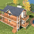 Two Story Wooden House Exterior With Balcony Dark Roof And Green Lawn