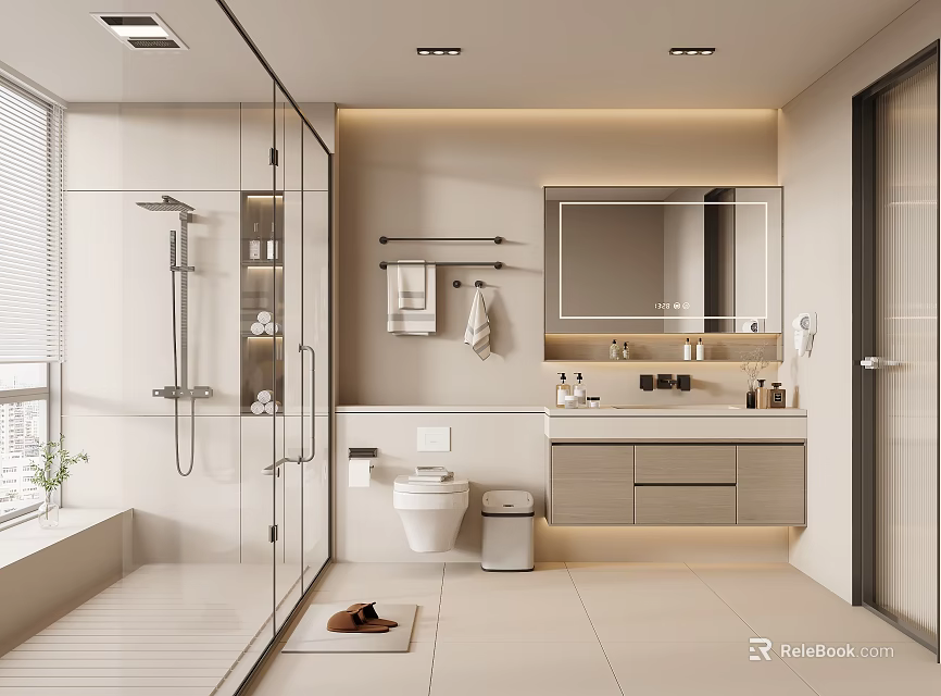 Modern Bathroom Interior With Glass Shower Vanity Mirror Cabinets And Recessed Lighting 3d model 