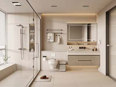 Modern Bathroom Interior With Glass Shower Vanity Mirror Cabinets And Recessed Lighting 3d model