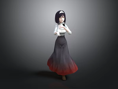 3D Rendered Woman With Black Long Hair White Top And Gradient Red Skirt Gray Background 3d model