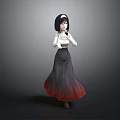 3D Rendered Woman With Black Long Hair White Top And Gradient Red Skirt Gray Background