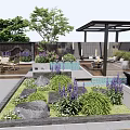 Courtyard Garden Featuring Outdoor Dining Tables Glass Roofed Pavilion Purple Flowers And Water Feature
