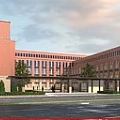 Red Brick School Building Exterior With Landscaping And Street