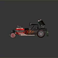 Black Custom Car With Red Flame Decals Exposed Engine Yellow Roof Lights And Red Rims
