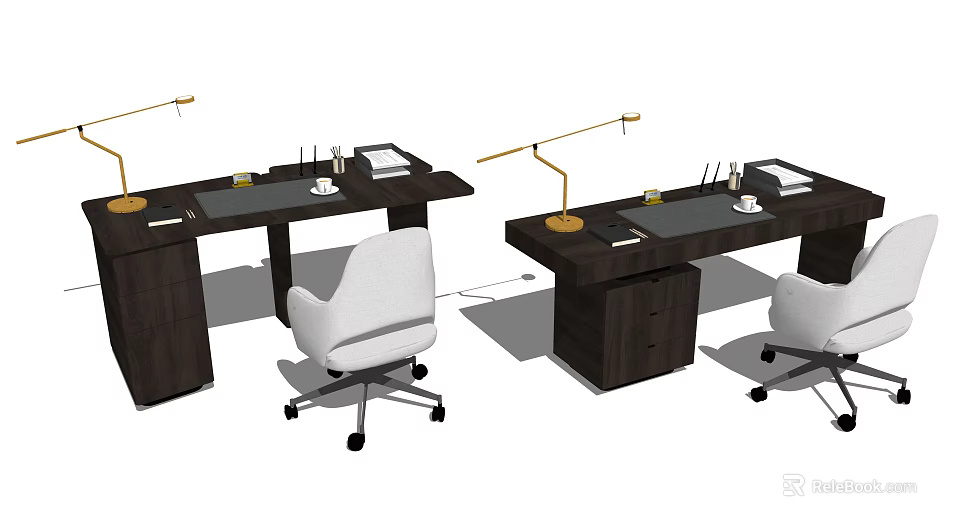 Modern Home Office Wooden Desk With White Chair Adjustable Lamp And Storage Drawers 3d model 