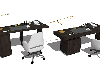 Modern Home Office Wooden Desk With White Chair Adjustable Lamp And Storage Drawers 3d model
