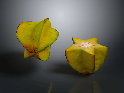 Star Shaped Carambola Fruits With Yellow Red Edges Whole And Sliced On Dark Background 3d model