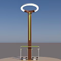 Modern Public Fitness Facility With Circular Top Brown Pole And Green Handrails