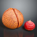 Large Orange Spotted Fruit Cut Open With Small Red Seed On Black Surface 3d model