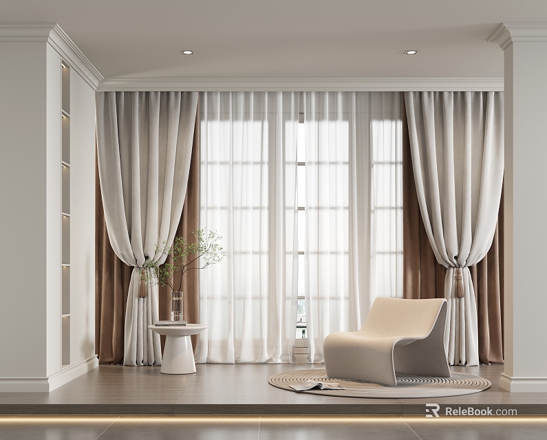 White And Brown Curtains With Sheer Panels In Living Room With Armchair And Small Table 3d model 