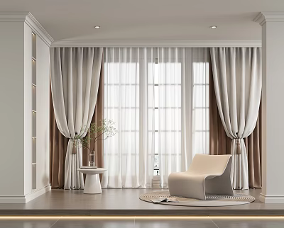 White And Brown Curtains With Sheer Panels In Living Room With Armchair And Small Table 3d model