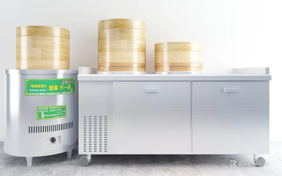 Traditional Steamed Food Making With Stacked Bamboo Steamers And Stainless Steel Cabinet 3d model 