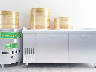 Traditional Steamed Food Making With Stacked Bamboo Steamers And Stainless Steel Cabinet 3d model