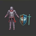 Medieval Armored Figure With Silver Armor Red Accents Shield And Sword