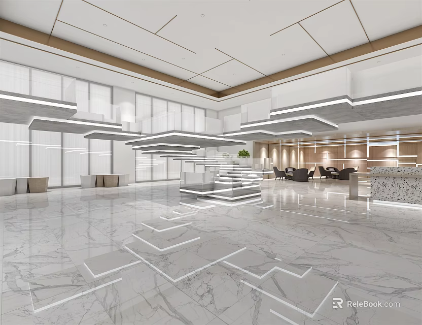 Spacious Modern Hotel Lobby With Marble Floor Ceiling Lighting And Reception Desk 3d model 