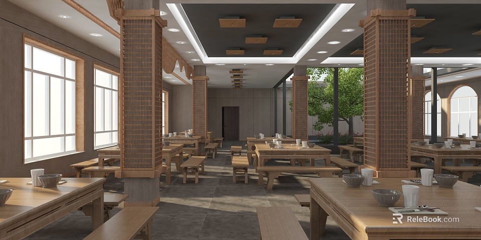 Rustic Restaurant Interior with Wooden Tables Benches Pillars Windows Indoor Plants and Wooden Ceiling Decor 3d model 