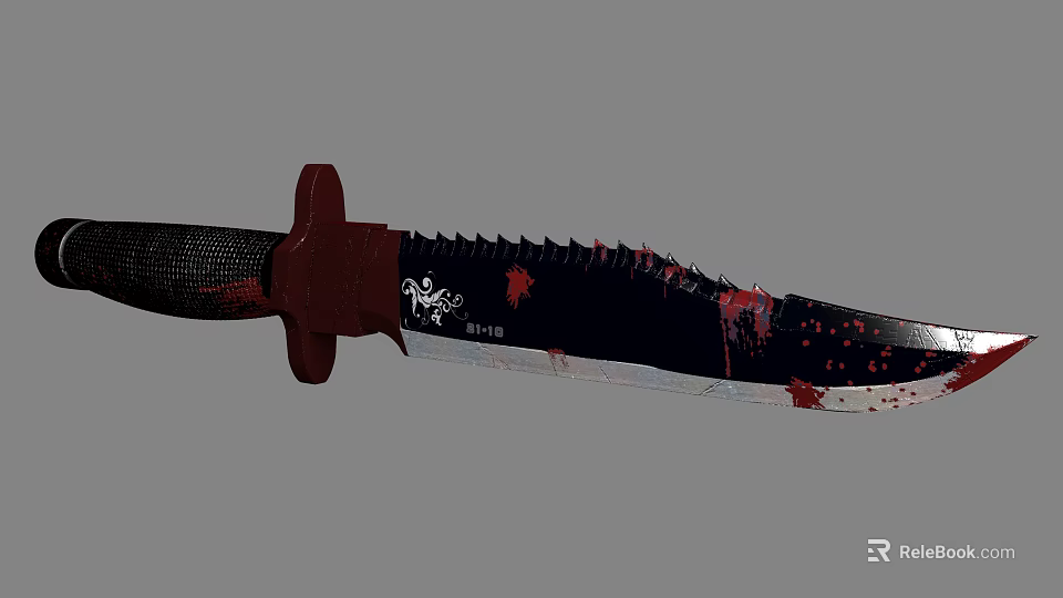 Serrated Weapon Knife With Black Blade Red Handle Blood Stains And White Design 3d model 