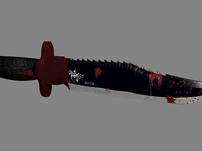 Serrated Weapon Knife With Black Blade Red Handle Blood Stains And White Design 3d model