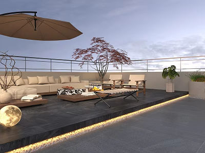 Elegant Villa Balcony With Outdoor Sofa Coffee Table Umbrella Green Plants And Ambient Lighting 3d model