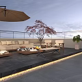 Elegant Villa Balcony With Outdoor Sofa Coffee Table Umbrella Green Plants And Ambient Lighting