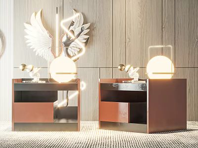 Copper Metal Bedside Tables With Table Lamps Wooden Wall And Decorative Wings Lighting Design 3d model