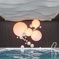 Modern Indoor Swimming Pool With Wavy White Ceiling Circular Pendant Lights And Lounge Chairs