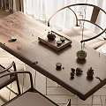 Solid Wood Tea Table and Chairs with Tea Set Pine Cones and Small Potted Plant 3d model