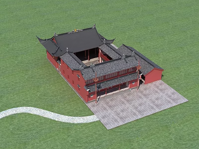 Ancient Chinese Architecture With Red Walls Black Roof Courtyard And Stone Path On Green Lawn 3d model