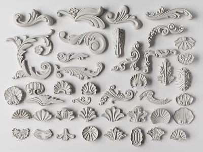 Various Ornamental Carvings With Floral Shell And Leaf Designs For Decoration 3d model