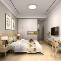 Bright Modern Apartment Room with Two Beds Desk Computer Bookshelf Books and Wall Painting Cabinets