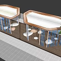 Modern Pergola Design with Yellow Blue Decorative Grilles and White Circular Seats on Wooden Floor