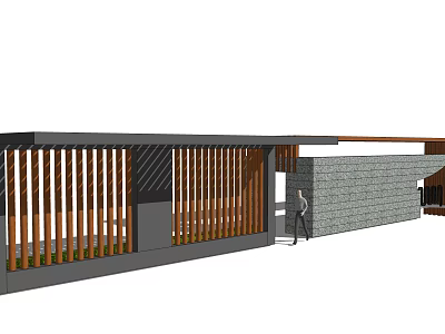 Modern Feature Wall Design With Wooden Slats And Stone Wall In Courtyard 3d model