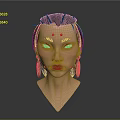 3D Model Female Head With Dark Short Hair Red Dots Red Lips And Golden Earrings