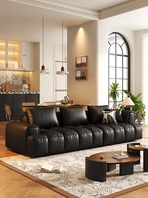 Comfortable Black Genuine Leather Multi Seater Sofa For Cozy Warm Home Living Room Decor 3d model 
