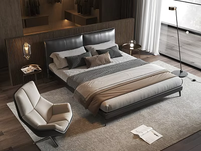 Modern Bedroom Interior with Dark Headboard Beige Bedding Accent Chair Floor Lamp and Wooden Floor 3d model
