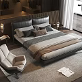 Modern Bedroom Interior with Dark Headboard Beige Bedding Accent Chair Floor Lamp and Wooden Floor