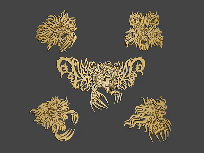 Multiple Golden Lion Animal Wall Decor Artistic Ornamental Designs 3d model