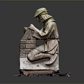 Architectural Sculpture of Construction Worker With Craft Tools and Wooden Base