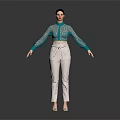 Woman in Green Lace Top and White Pants Standing Against Dark Background