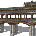 Traditional Chinese Covered Bridge With Tile Roof And Stone Piers Structure