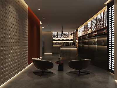 Modern Bar Interior Design With Decorative Walls Wine Racks Lighting Armchairs And Table 3d model