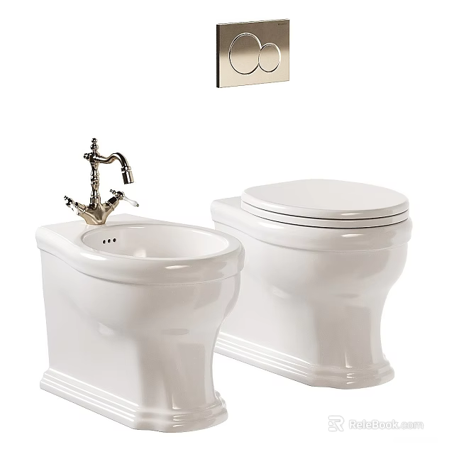 Classic White Toilet And Bidet With Traditional Faucet And Flush Panel 3d model 